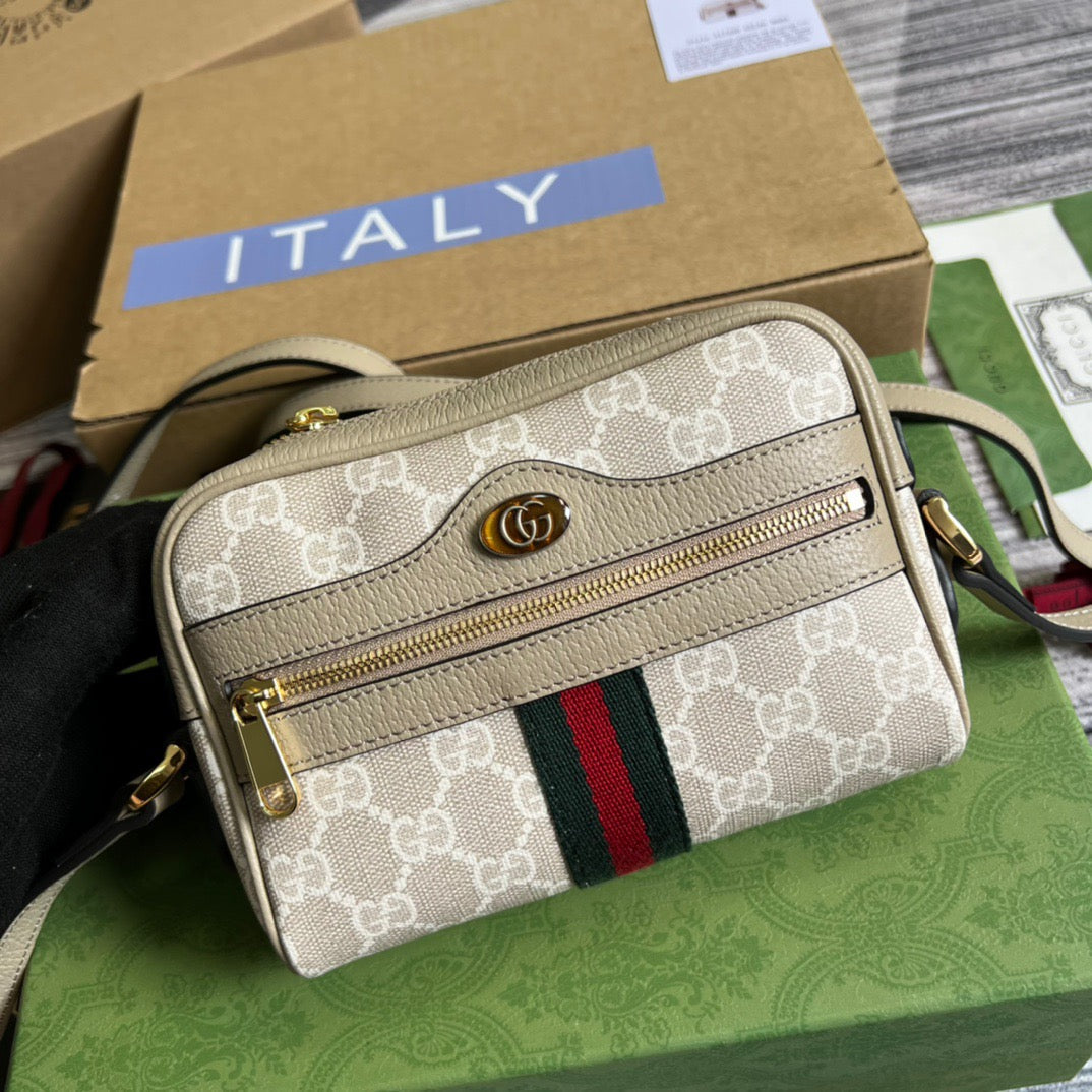 gg Ophidia Mini gg Bag Beige And Ebony gg Supreme Canvas, With Beige For Women  7in/17.5cm gg 