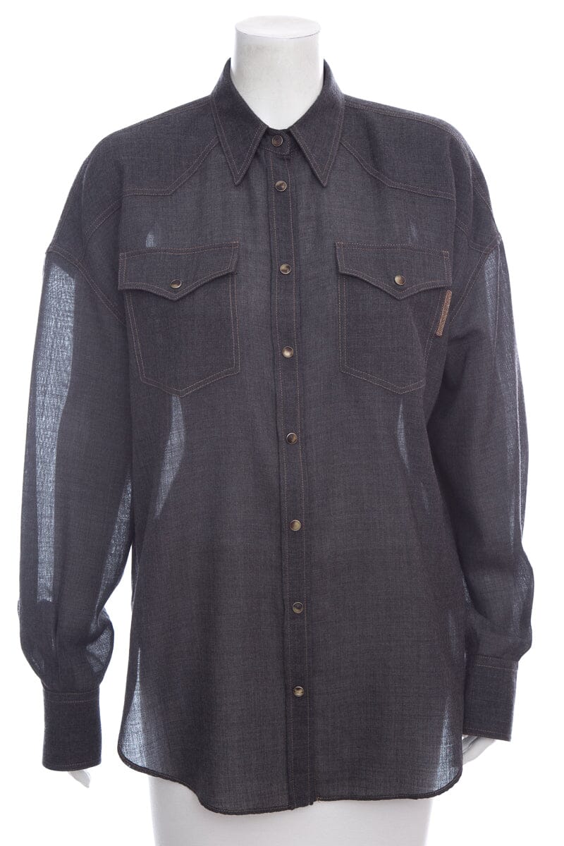 Brunello Cucinelli Dark Denim Snap Up Blouse SZ XL