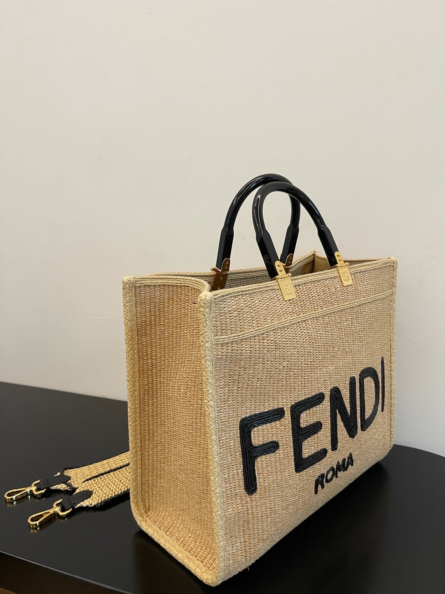 FI Sunshine MeGLAMIum Beige and Black straw shopper Bag For Woman 31cm/12in 8BH386AKRPF1CBX