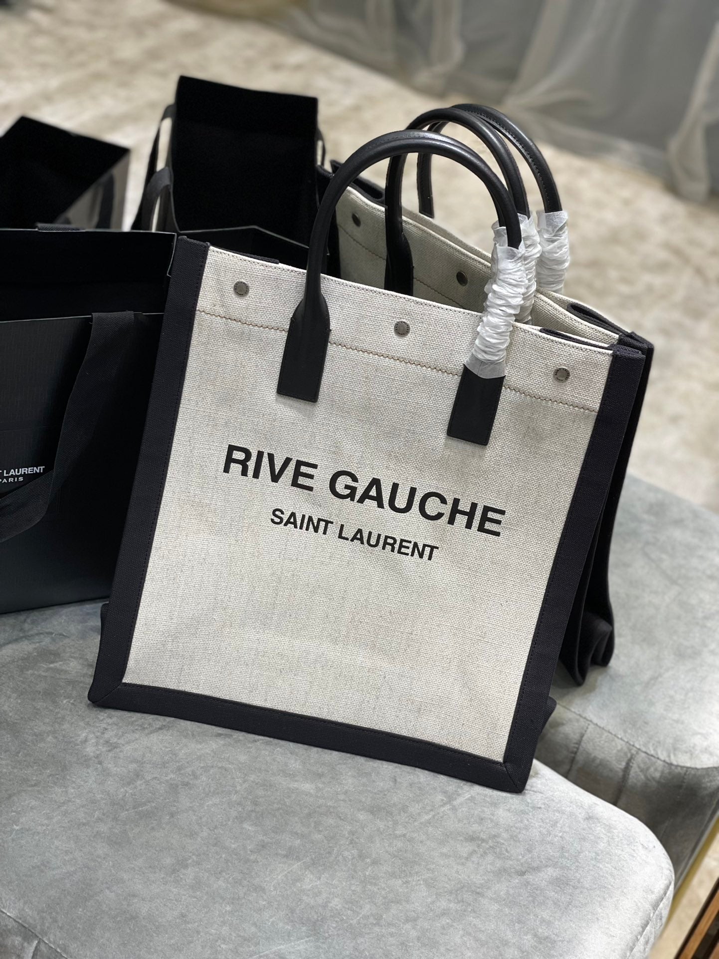 GLAMI Rive Gauche North/South Tote Bag In Printed Linen For Women 15.3in/39cm YSL 632539FAABR9083