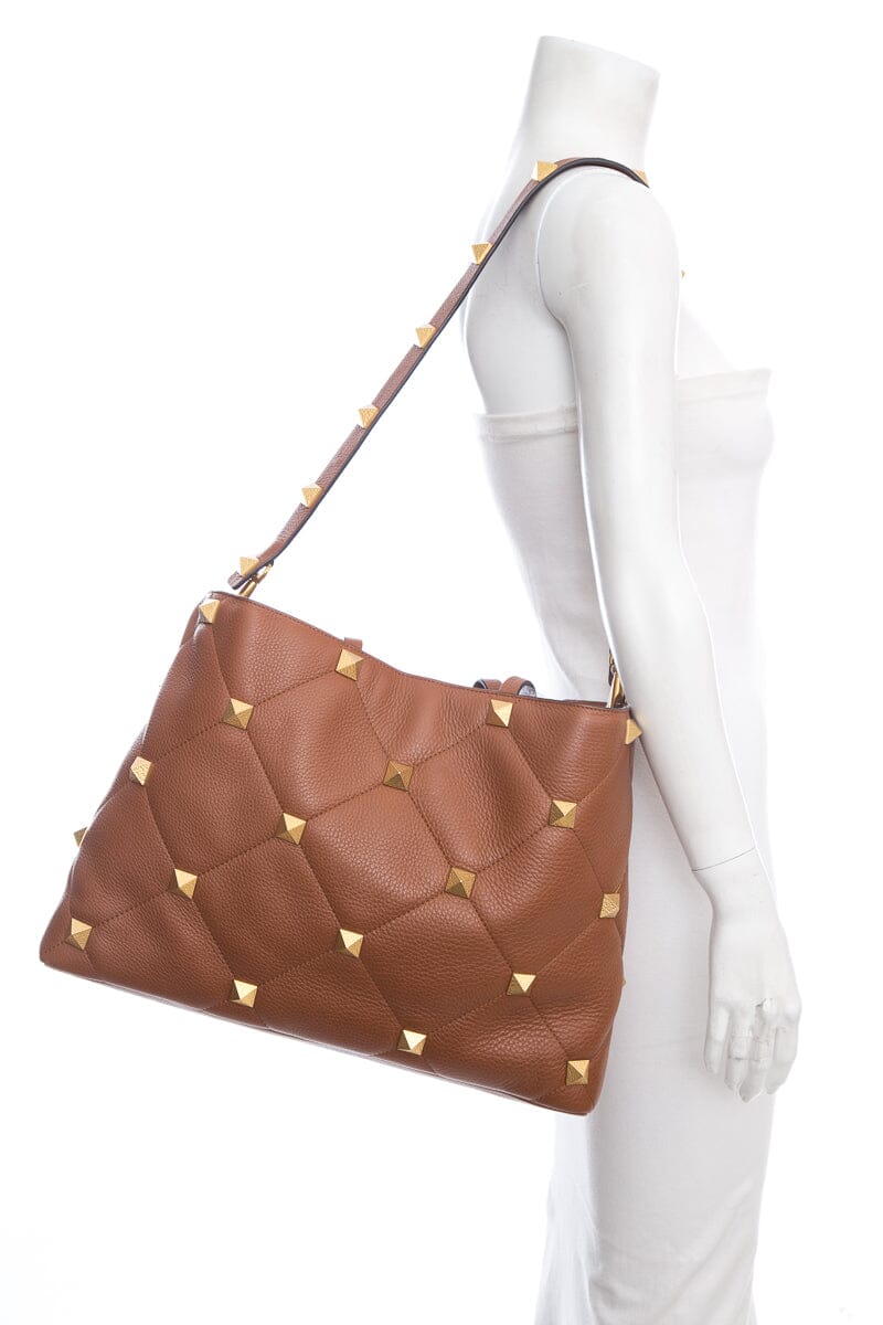 Valentino Brown Roman Stud Quilted Tote NWT