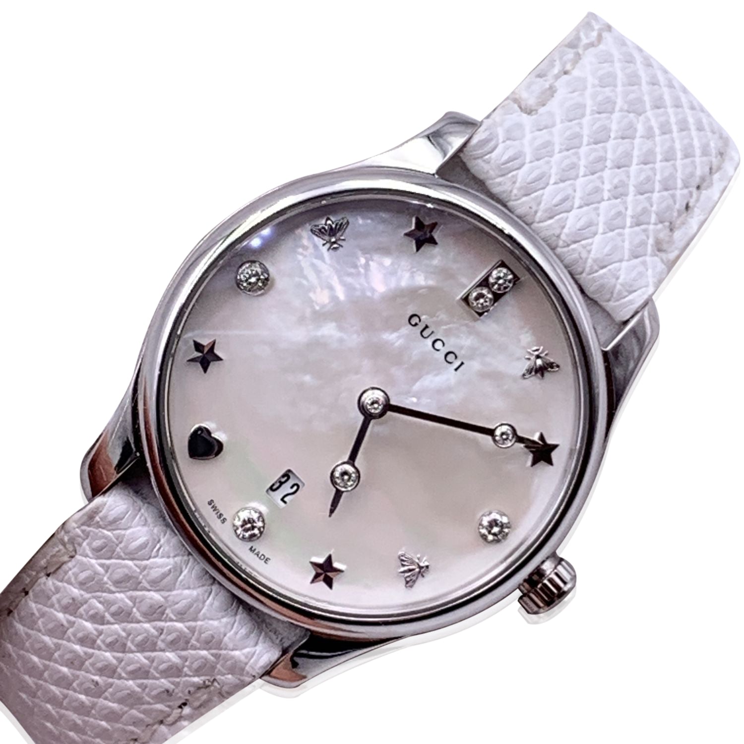 GUCCI White G-Timeless Slim Diamond Mother Of Pearl Dial Watch