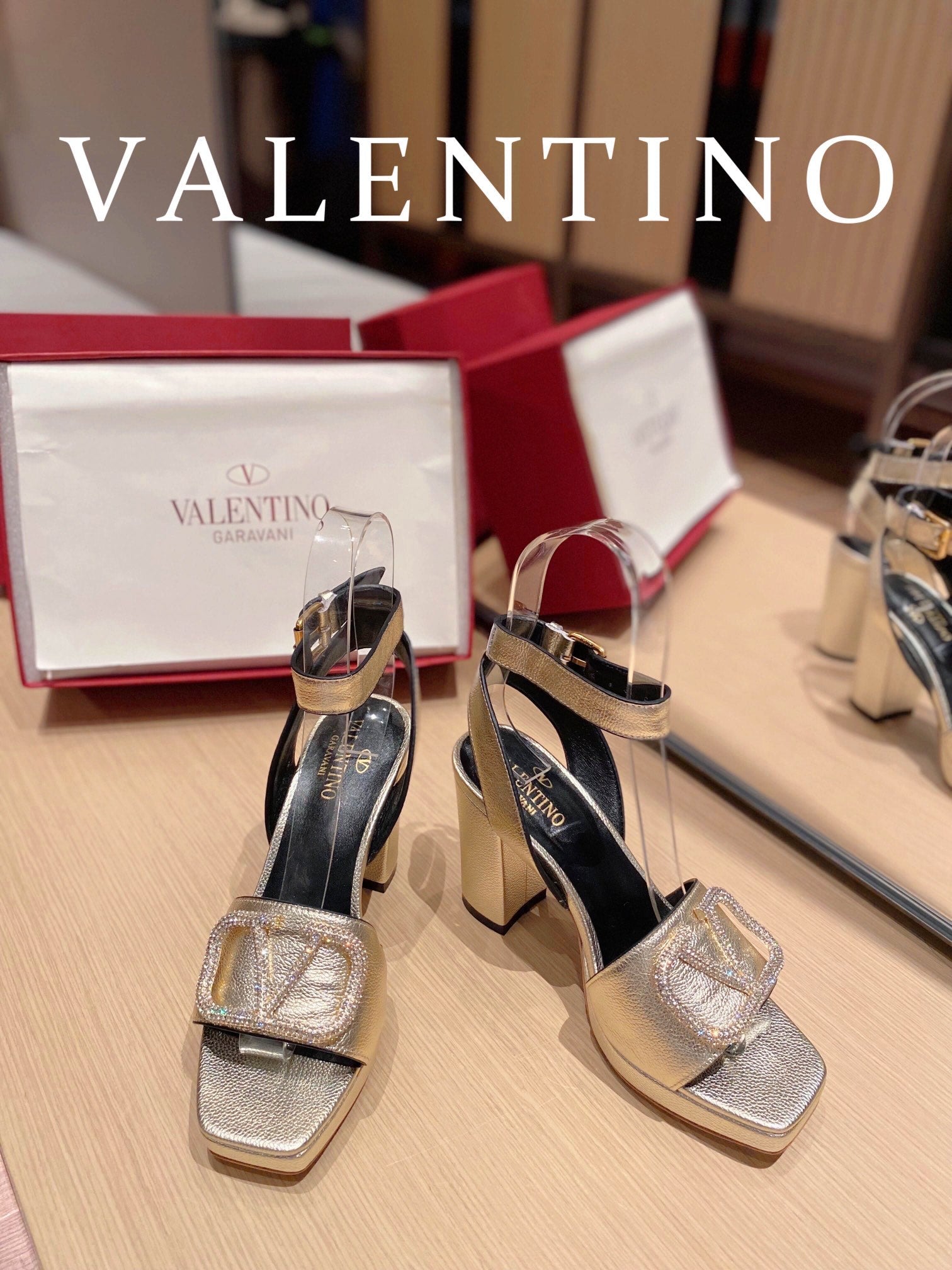 Valentino Garavani Strap Heeled Sandals With V Logo Crystal EmbellisGLAMIent Gold For Women