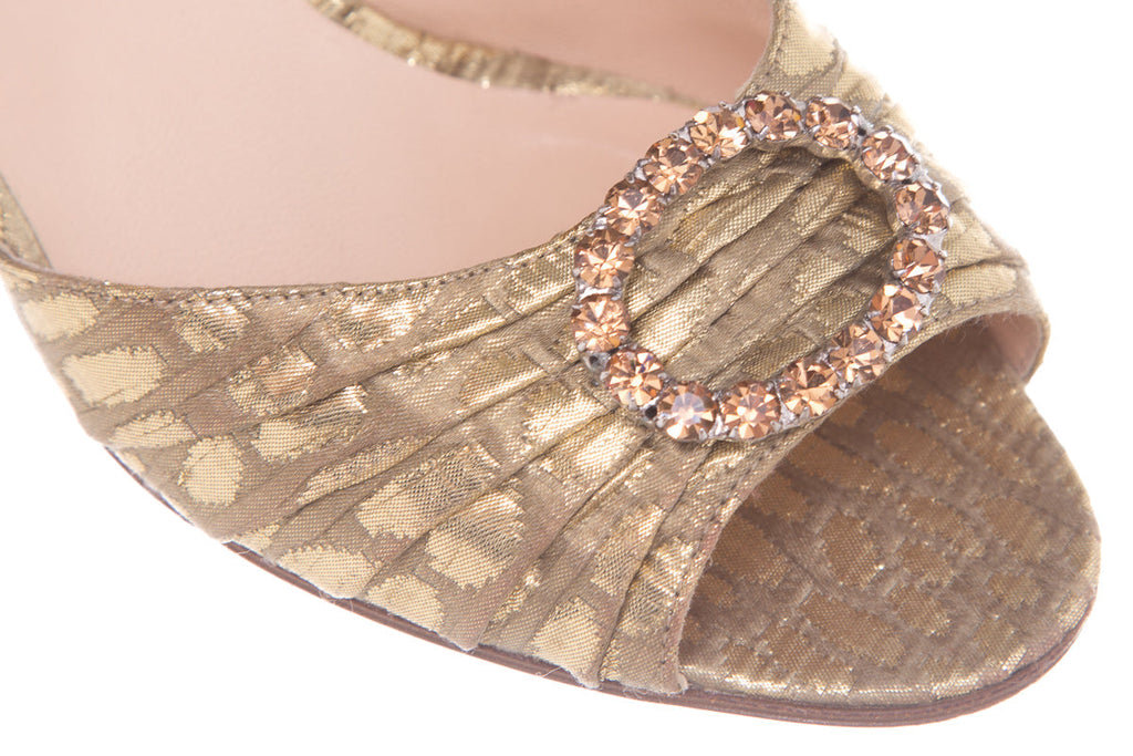 Manolo Blahnik Gold Embellished Peep Toe Heels SZ 39.5