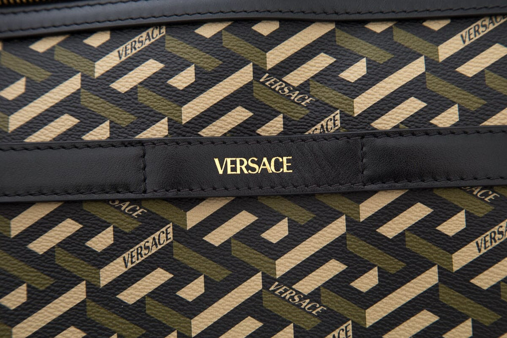 Versace Green & Black La Greca Coated Canvas Backpack
