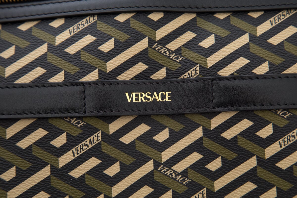 Versace Green & Black La Greca Coated Canvas Backpack