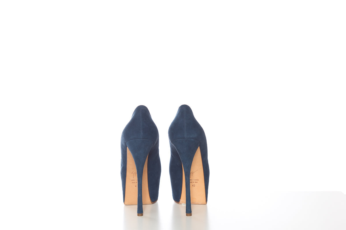 Guiseppe Zanotti Dark Blue Suede Peep Toe Platforms SZ 40