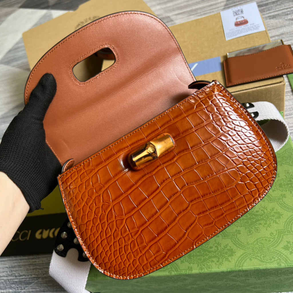 gg Bamboo 1947 Crocodile Top Handle Bag Red For Women, Women’s Bags 10.2in/26cm gg