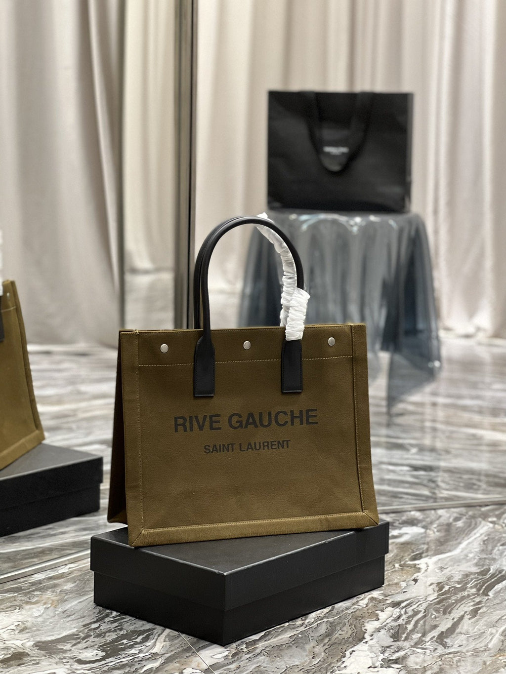 GLAMI Rive Gauche Small Tote Bag In Linen Khaki Brown For Women 15.4in/39cm YSL