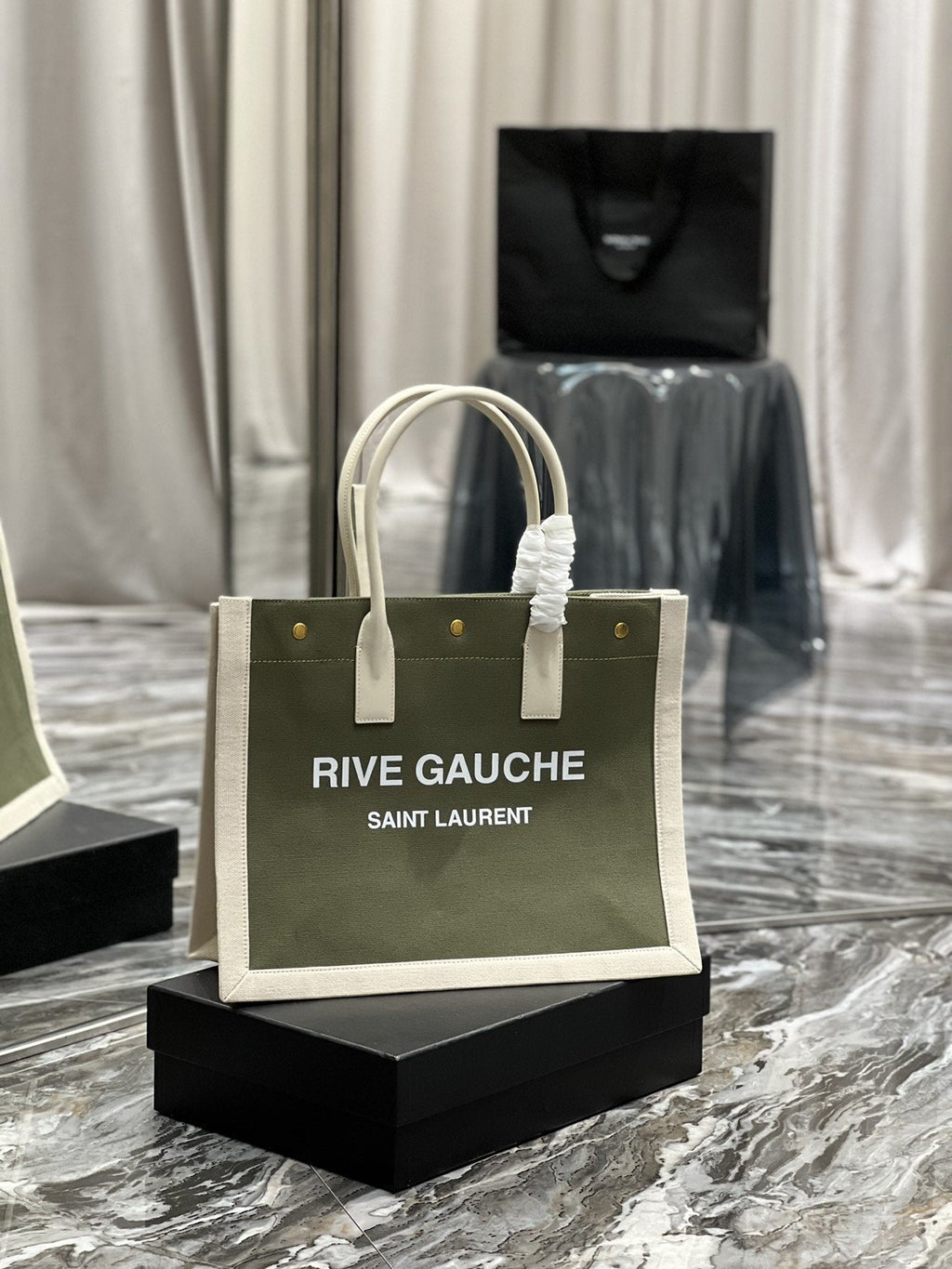 GLAMI Rive Gauche Small Tote Bag In Linen Military Green For Women 15.4in/39cm YSL 617481FAAGLAMI3281