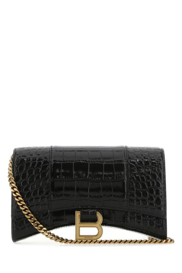 Balenciaga Woman Black Leather Hourglass Clutch