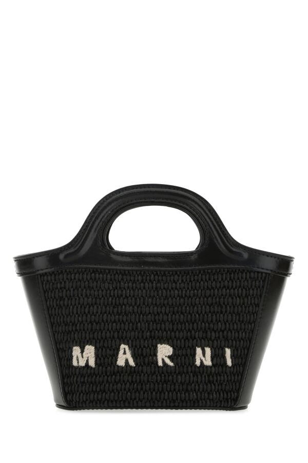 Marni Woman Black Leather And Straw Micro Tropicalia Summer Handbag