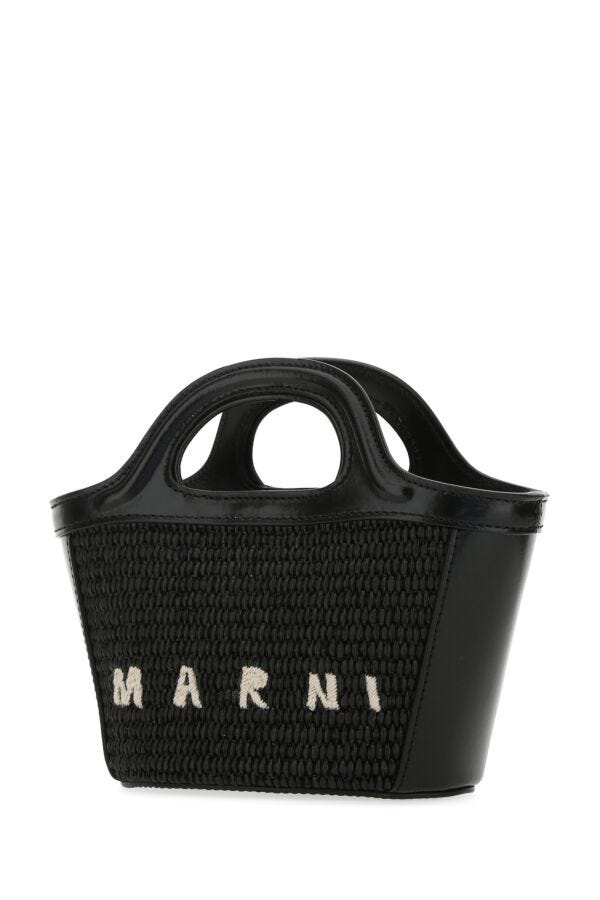 Marni Woman Black Leather And Straw Micro Tropicalia Summer Handbag
