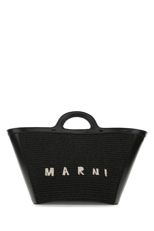 Marni Woman Black Leather And Raffia Small Tropicalia Summer Handbag