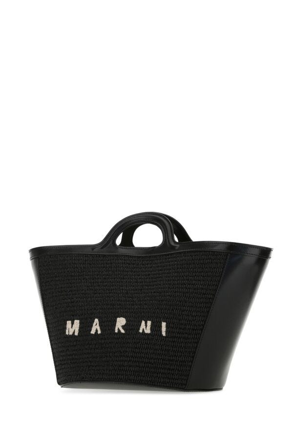 Marni Woman Black Leather And Raffia Small Tropicalia Summer Handbag