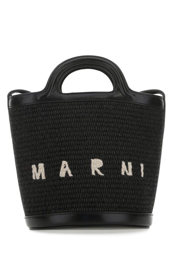 Marni Woman Black Leather And Raffia Tropicalia Bucket Bag