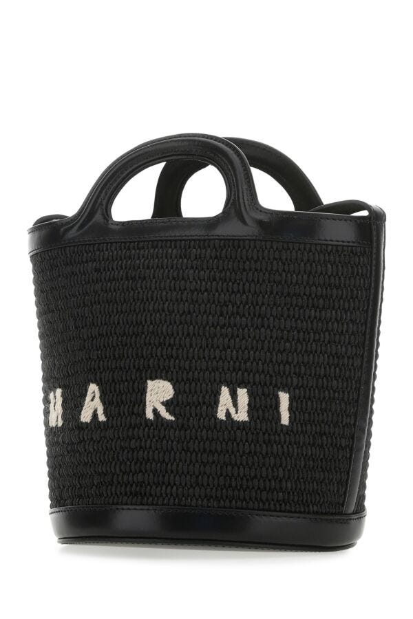 Marni Woman Black Leather And Raffia Tropicalia Bucket Bag