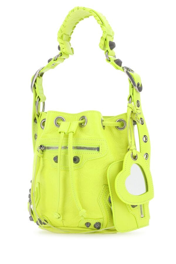 Balenciaga Woman Fluo Yellow Leather Le Cagole Xs Bucket Bag
