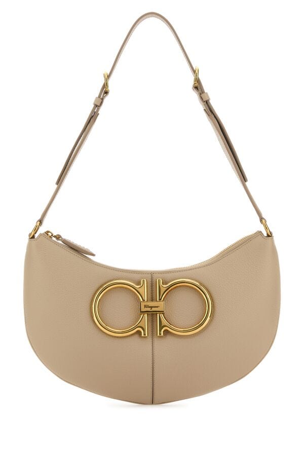 Salvatore Ferragamo Woman Beige Leather Maxi Gancio Shoulder Bag