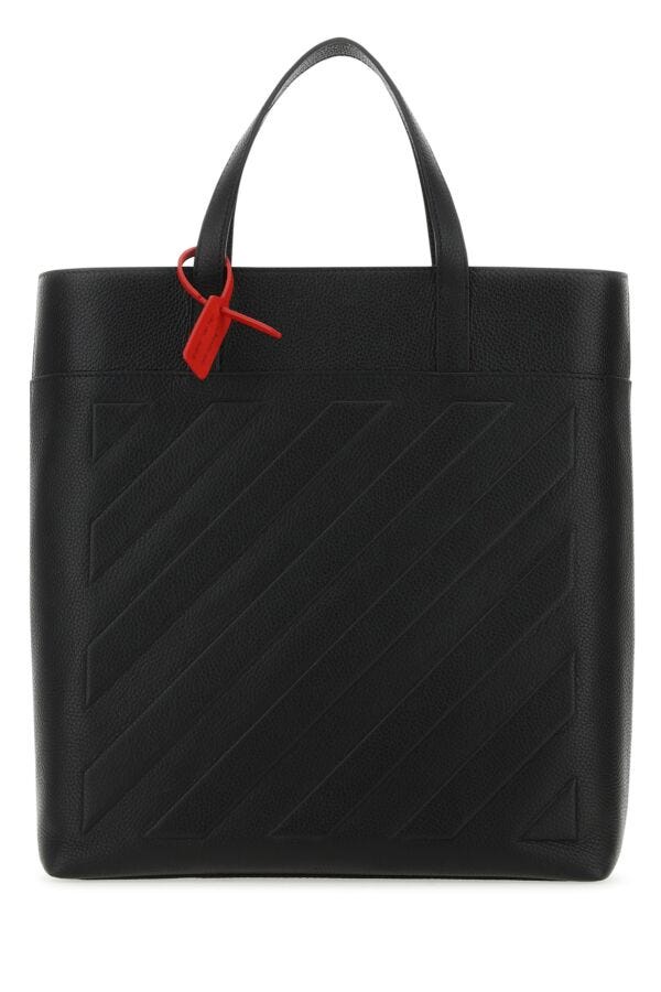 Off White Man Black Leather Binder Shopping Bag