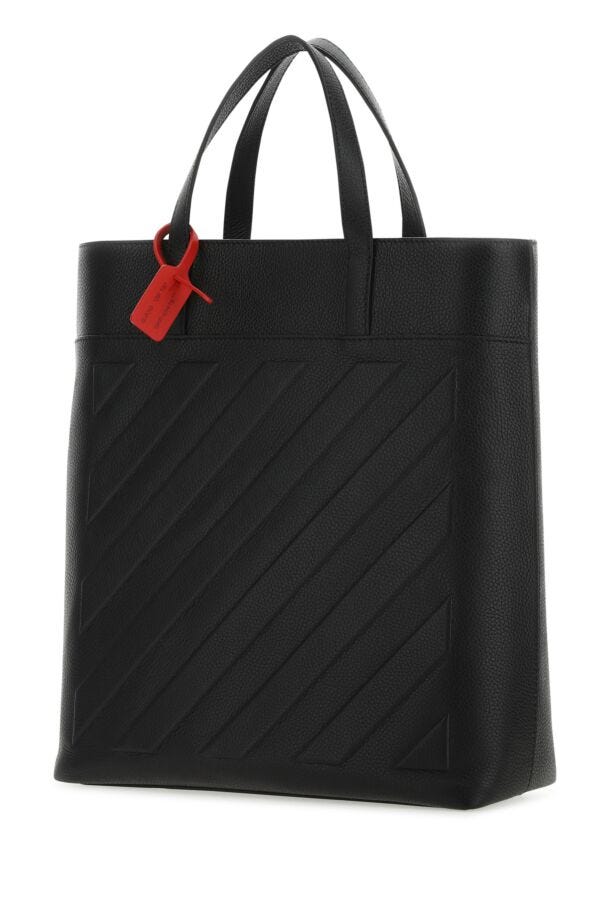 Off White Man Black Leather Binder Shopping Bag