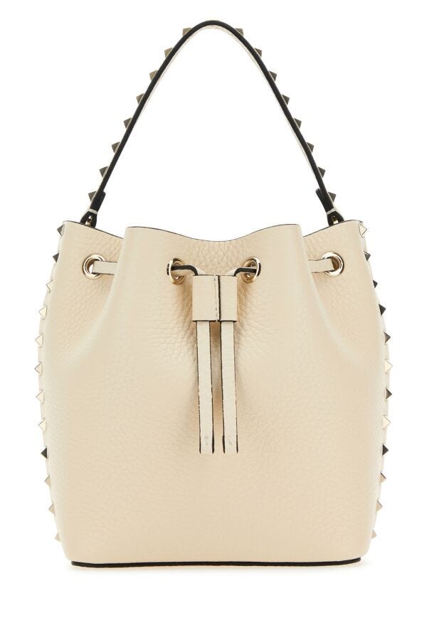 Valentino Garavani Woman Ivory Leather Rockstud Bucket Bag