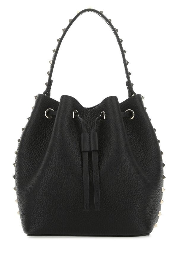 Valentino Garavani Woman Black Leather Rockstud Bucket Bag