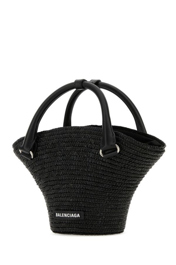 Balenciaga Woman Black Straw Mini Beach Handbag