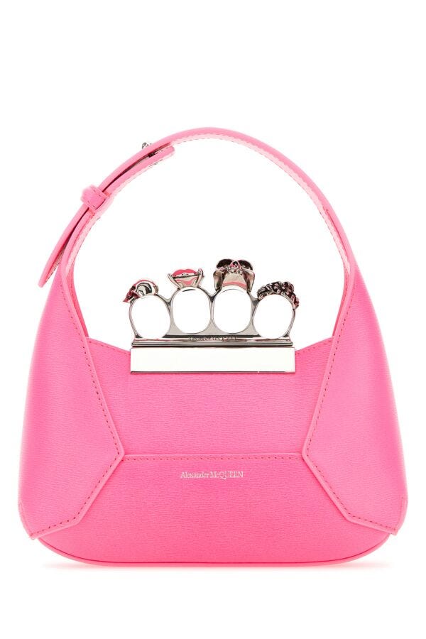 Alexander Mcqueen Woman Fluo Pink Leather Mini Jewelled Hobo Handbag