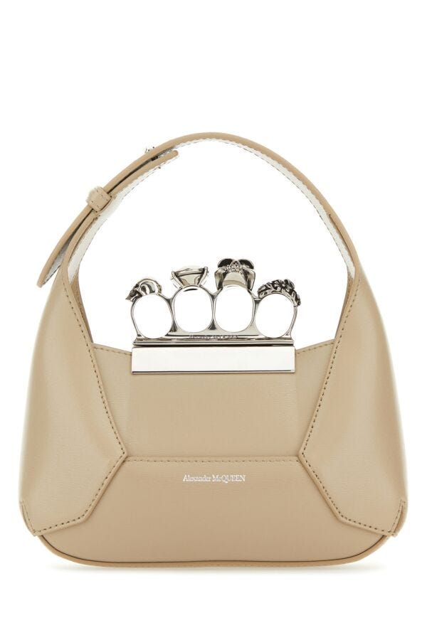 Alexander Mcqueen Woman Sand Leather Mini Jewelled Hobo Handbag
