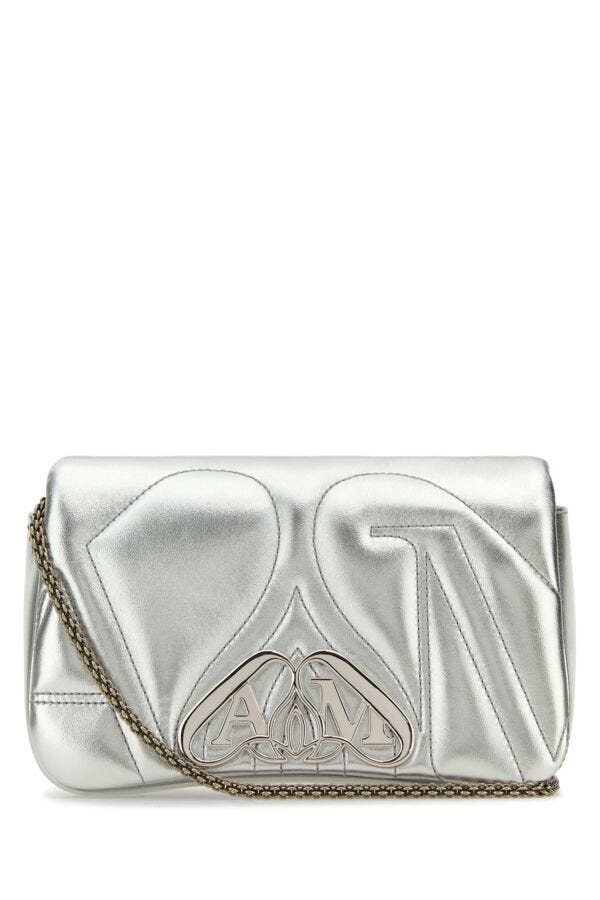 Alexander Mcqueen Woman Silver Leather Mini Seal Clutch
