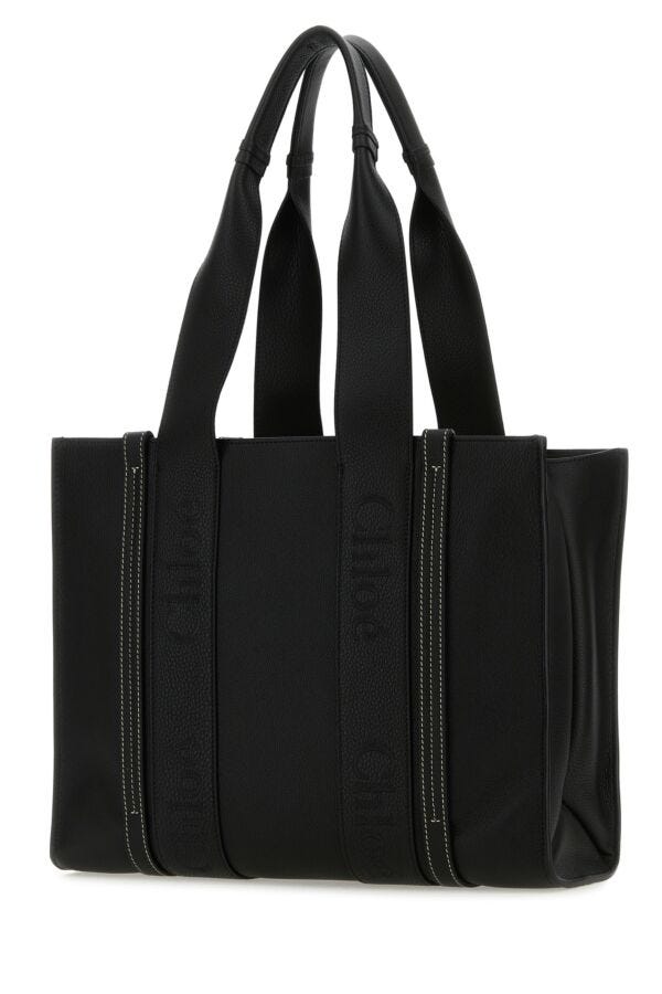 Chloe Woman Black Leather Medium Woody Shopping Bag
