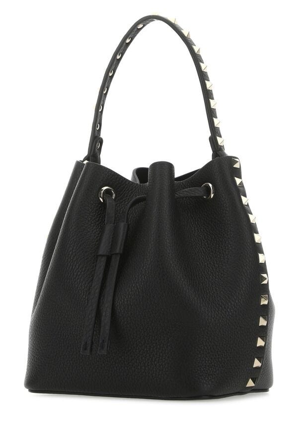 Valentino Garavani Woman Black Leather Rockstud Bucket Bag