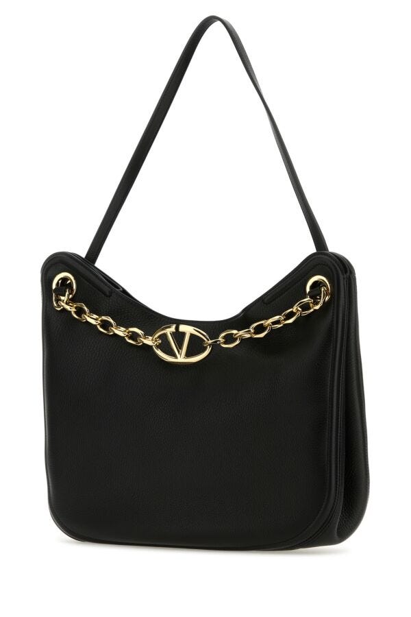 Valentino Garavani Woman Black Leather Vlogo Moon Shopping Bag