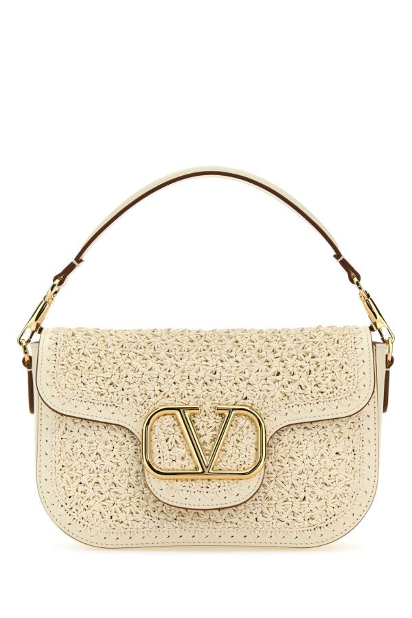 Valentino Garavani Woman Ivory Raffia And Leather Vlogo Handbag