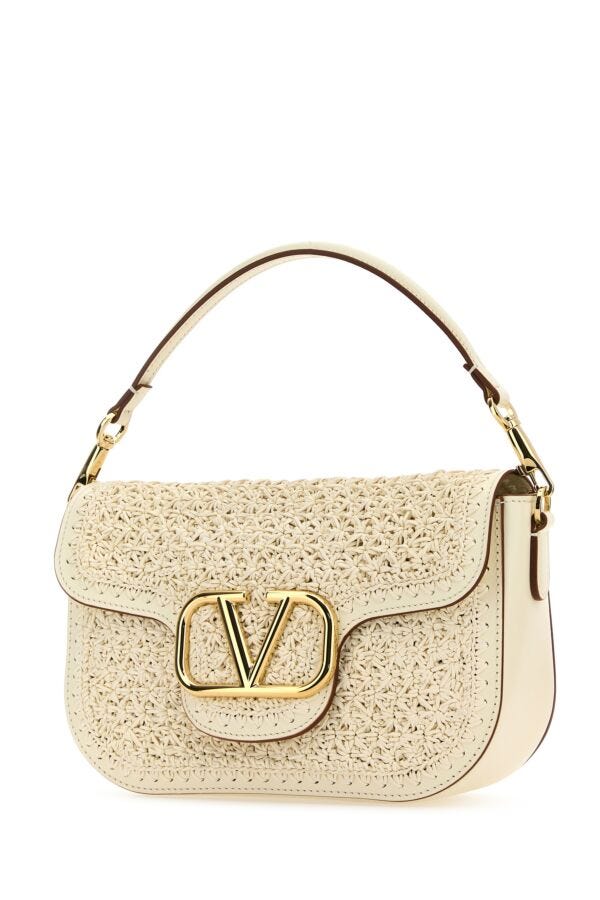 Valentino Garavani Woman Ivory Raffia And Leather Vlogo Handbag