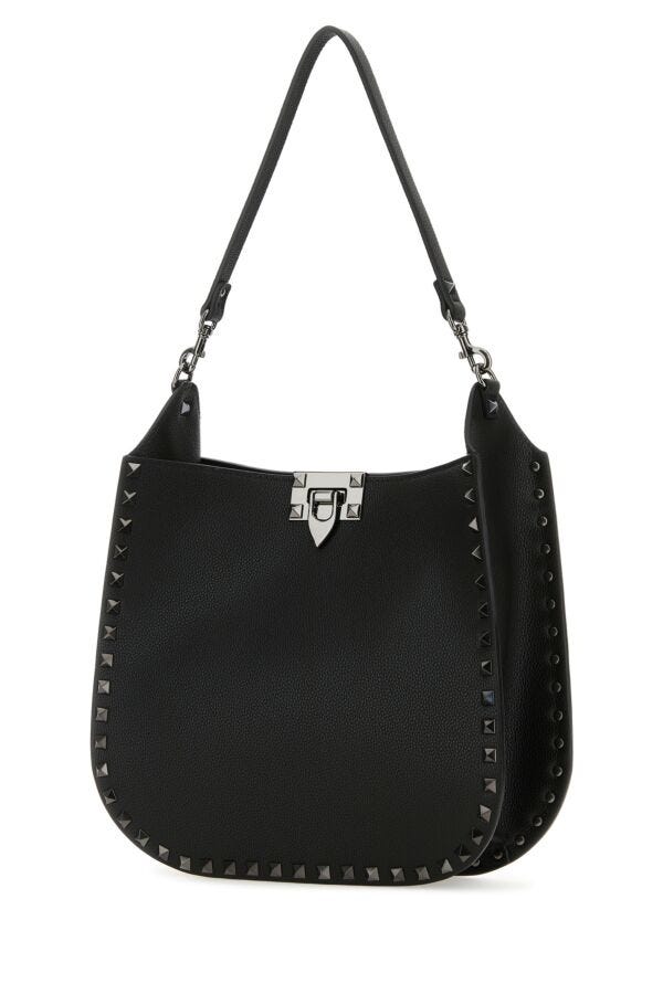 Valentino Garavani Woman Black Leather Hobo Rockstud Handbag