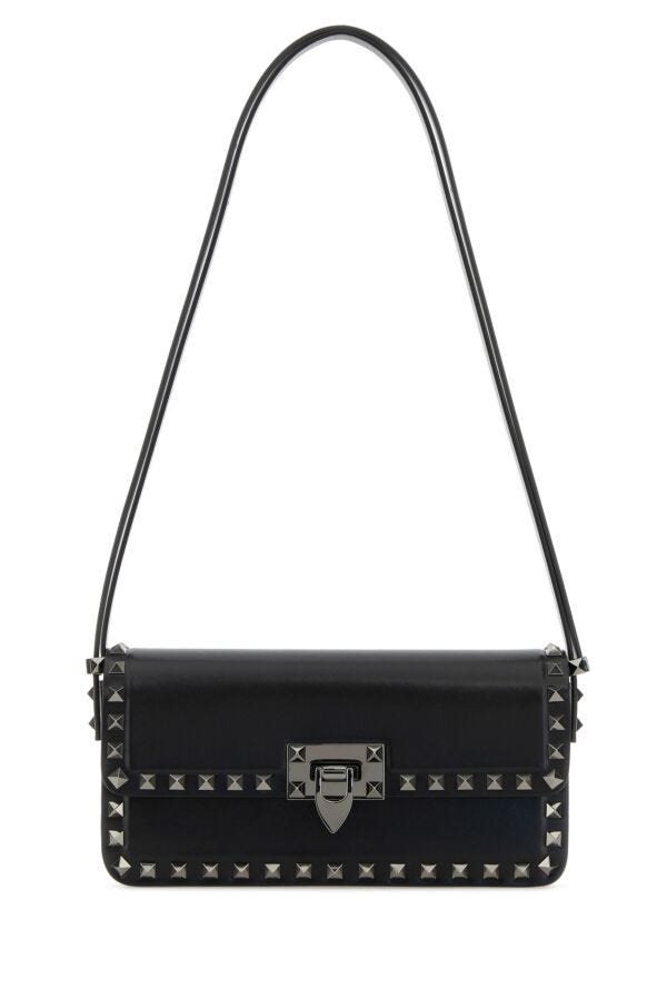 Valentino Garavani Woman Black Leather Rockstud Shoulder Bag