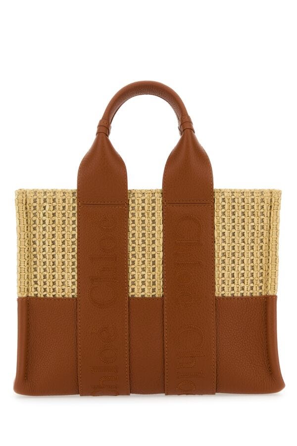 Chloe Woman Two-Tone Raffia And Leather Small Woody Shopping Bag