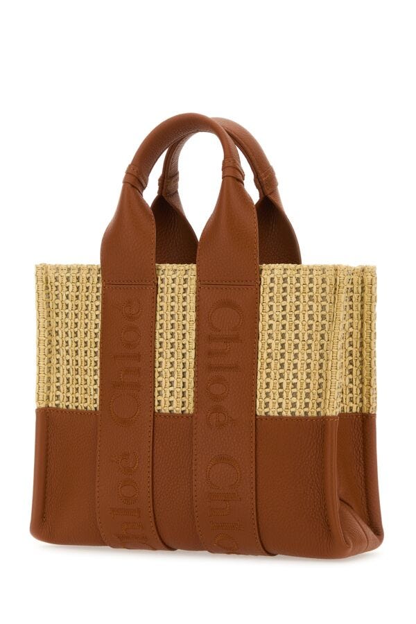 Chloe Woman Two-Tone Raffia And Leather Small Woody Shopping Bag