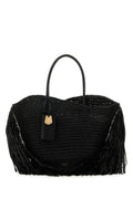 Salvatore Ferragamo Woman Black Raffia And Leather Big Shopping Bag