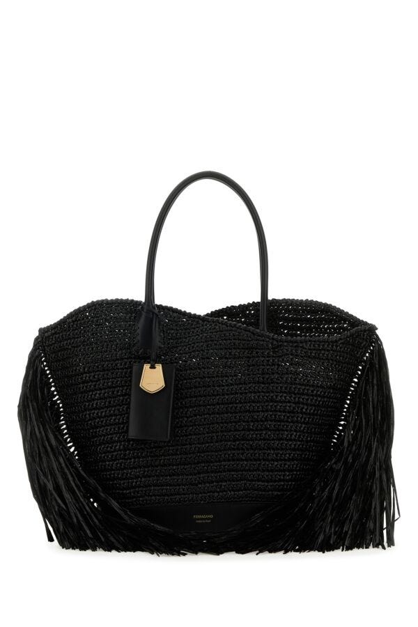 Salvatore Ferragamo Woman Black Raffia And Leather Big Shopping Bag