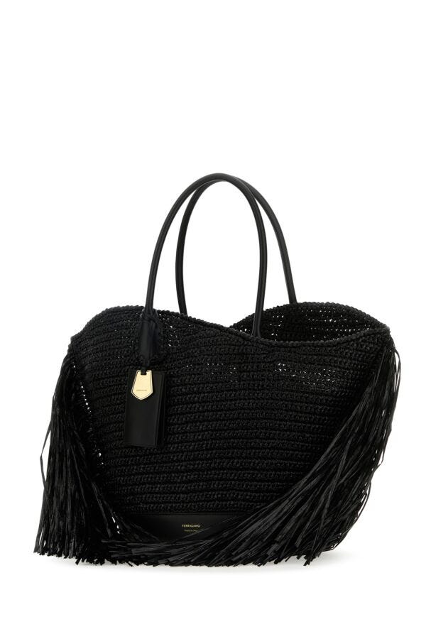 Salvatore Ferragamo Woman Black Raffia And Leather Big Shopping Bag