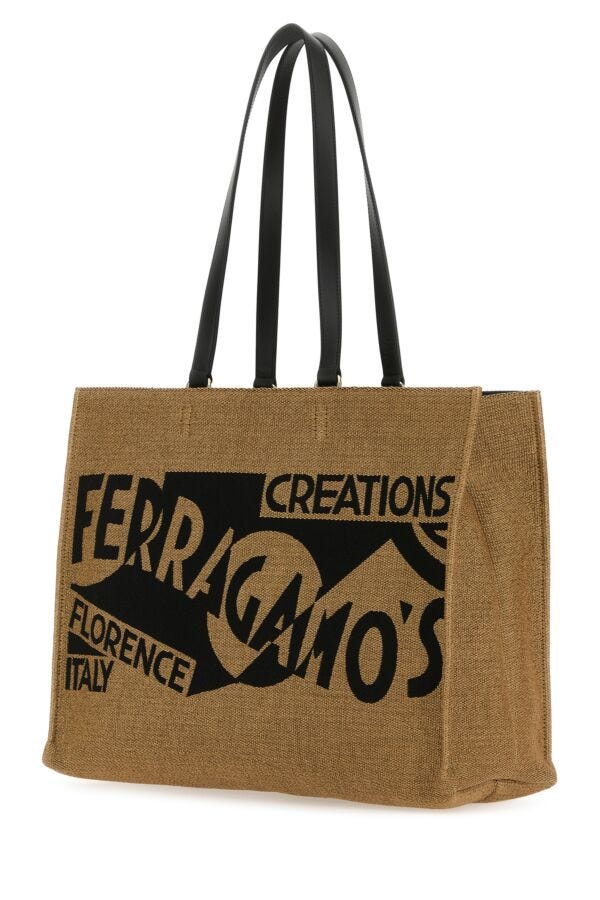 Salvatore Ferragamo Woman Camel Raffia Large Tt Sign Shopping Bag