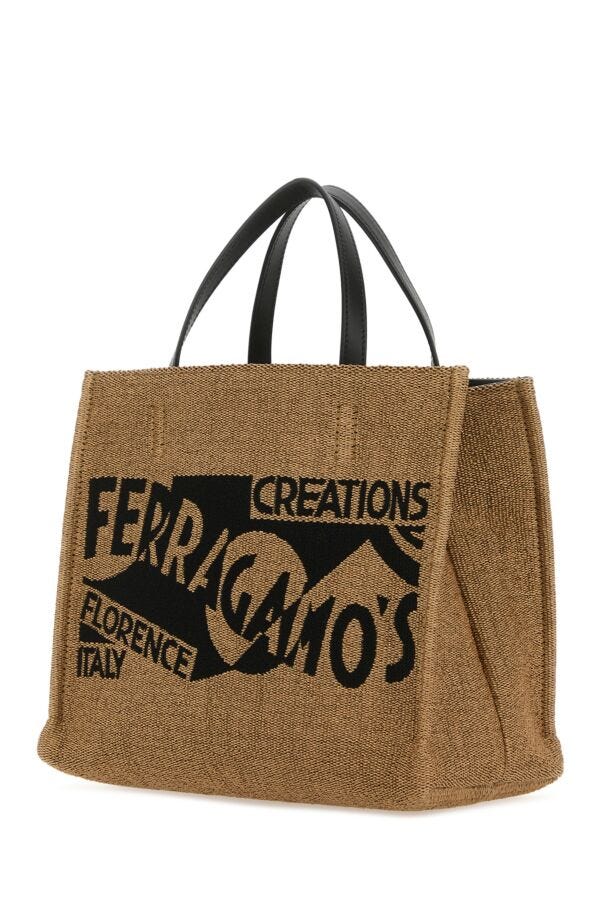 Salvatore Ferragamo Woman Camel Raffia Small Tt Sign Shopping Bag