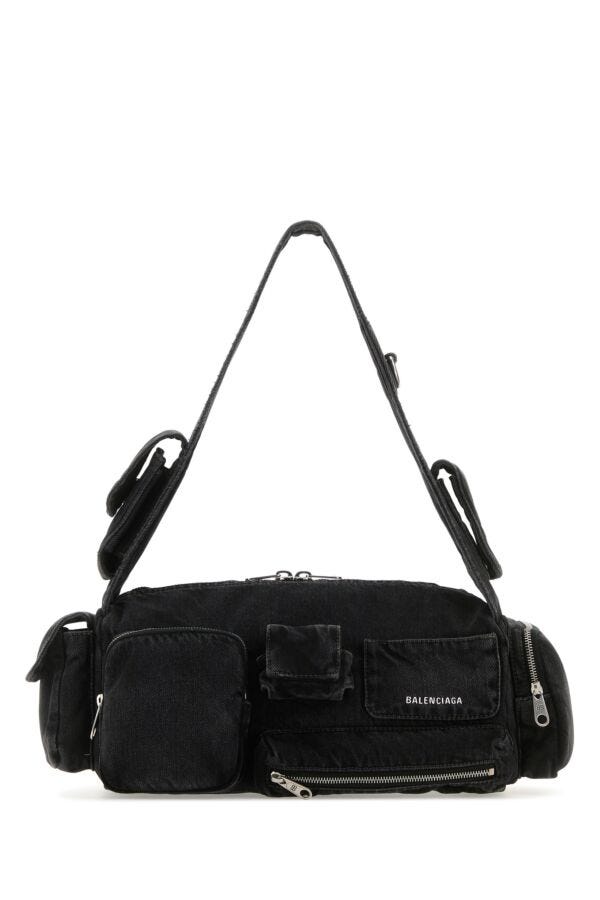 Balenciaga Man Black Denim Superbusy S Shoulder Bag