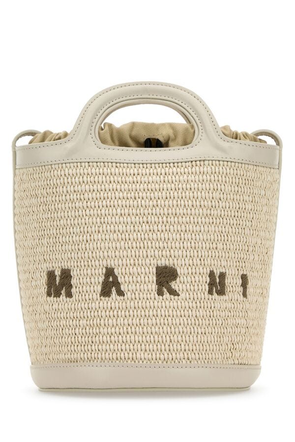 Marni Woman Ivory Leather And Raffia Tropicalia Bucket Bag