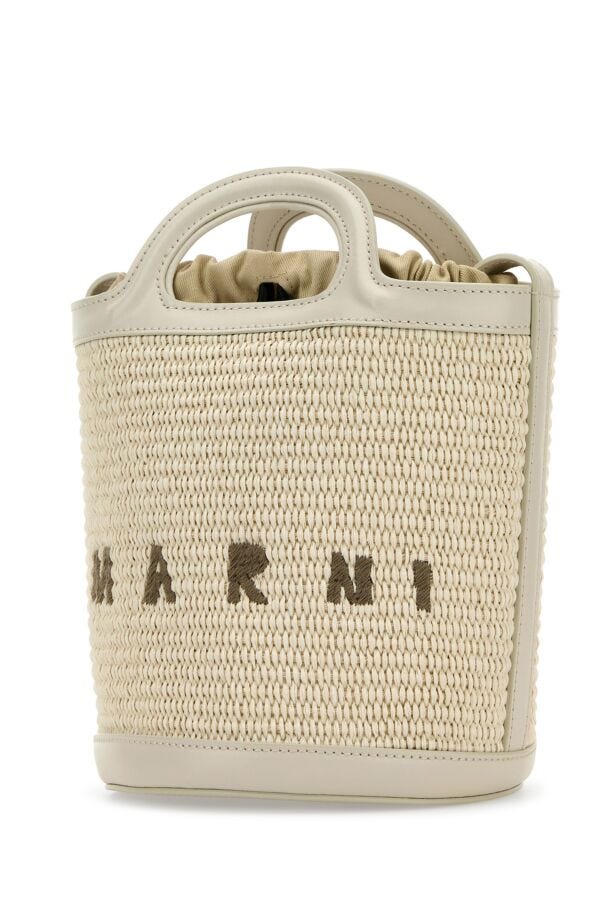 Marni Woman Ivory Leather And Raffia Tropicalia Bucket Bag