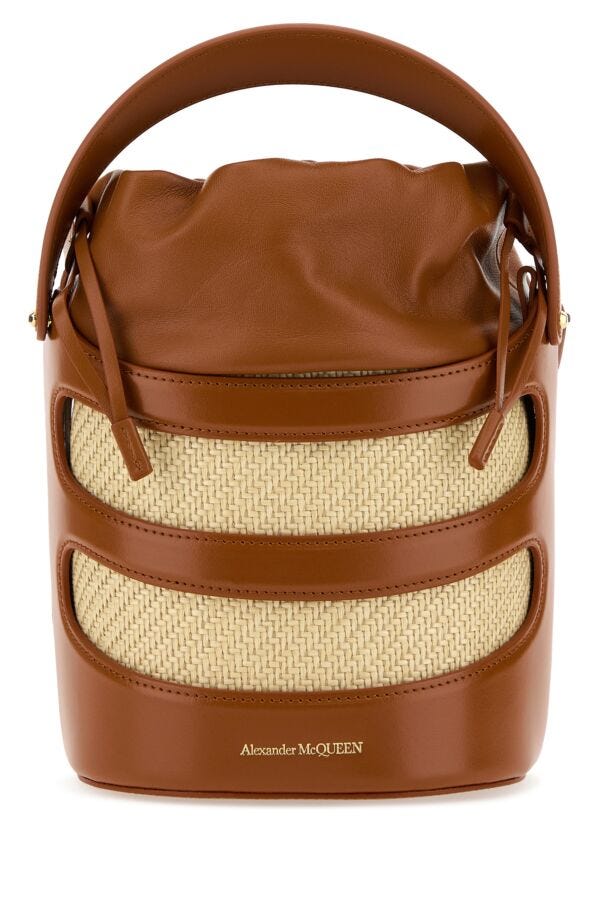 Alexander Mcqueen Woman Two-Tone Leather And Raffia The Rise Bucket Bag