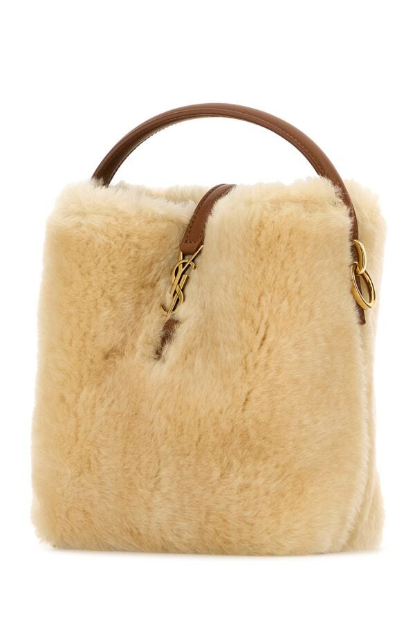Saint Laurent Woman Beige Shearling Mini Le 37 Bucket Bag